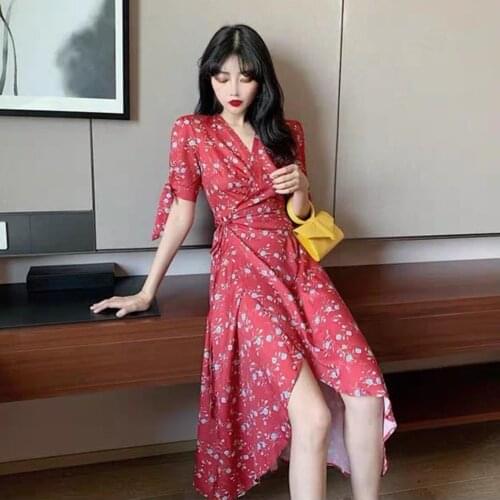 Women Dress V Neck Short Sleeve Tunic Floral Print Chiffon Female Summer Beach Party Holiday Irregular Slit Bodycon Dresses