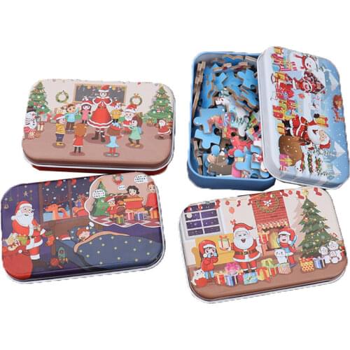 1Pcs Creative Christmas Theme Style 60 Pieces of Iron Boxed Wooden Double-sided Puzzle Toys Cartoon Children Brain Game Toy