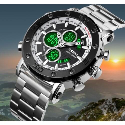 Fashion Steel Stainless Strap Digital Watch Luxury Brand SKMEI Mens Watches 3 Time Countdown Clock Led Light Electronic Watch