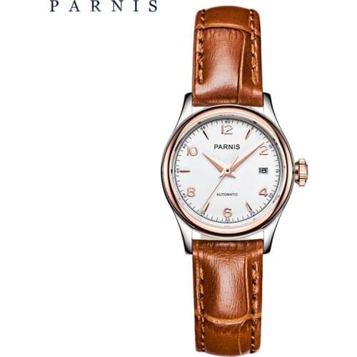 New Parnis Mechanical Women Watch 27mm White Dial Silver Case Sapphire Crystal Automatic Movement Fashion Leather Ladies Watches