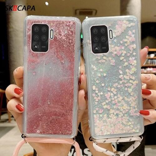 Glitter Liquid Quicksand Lanyard Phone Case For Oppo F19 Pro Plus F17 Realme 7 Pro X7 V11 C15 Q2 V5 Silicone Protective Cover