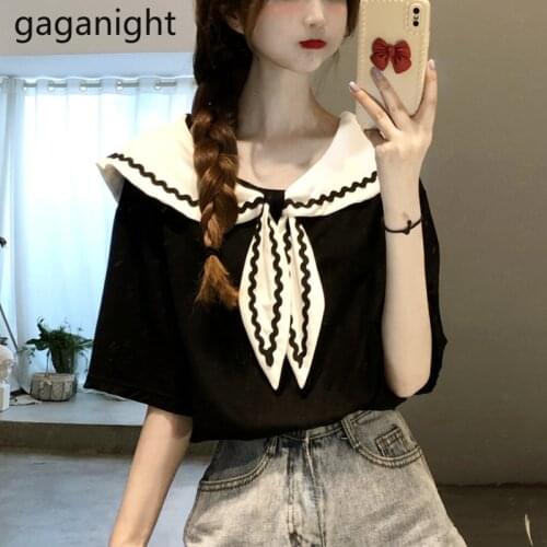 Gaganight Womens Preppy style T-shirt Ladies Casual Short-sleeved Harajuku T Shirt Sweet Sailor Collar Summer Tee Tops Female