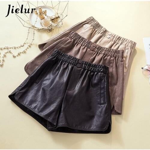 Jielur Summer Pu Leather Shorts Women 2021 Plus Size M-4XL Outer Casual Leather Shorts Female Loose Wide Leg Side Split Shorts