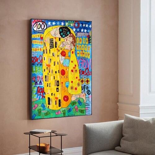 Graffiti Art The Kiss Reproductions Oil Painting Canvas Print Wall Picture For Living Room Home Decor Frameless