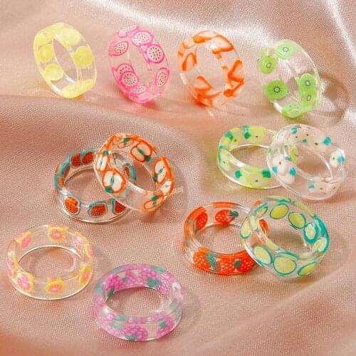 Transparent Colorful Fashion Resin Fruit Ring Set Metal Geometric Irregular Open Rings for Women Party Wedding Jewelry Ring