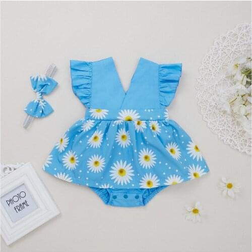 2Pcs Toddlers Baby Girls Outfit Summer Creative Daisy Printing Splicing Skirt Fly Sleeve Romper + Bow Headwear Set Swimsuit
