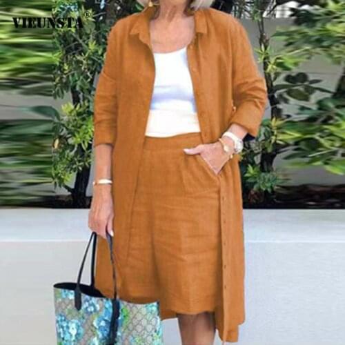 Cotton Linen Women 2pcs Set Outfits Autumn Fashion Solid Loose Casual Button Long Shirt Jacket+Straight Knee Shorts Suits Mujer