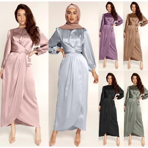 Fashion Satin Bandage Abaya Dubai Turkey Hijab Muslim Dress India European American Islam Clothing Dresses For Women Vestidos