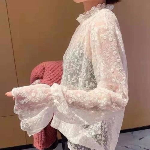 Restonic shan Female 2020 Autumn and Winter Mesh Lace-Collared Blouse Blusas Ropa De Mujer