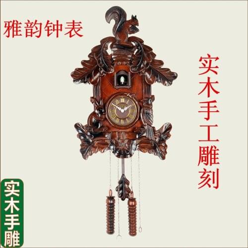 Retro solid wood carving European wall clock wooden clock intelligent alarm pendulum clock living room clock decoration