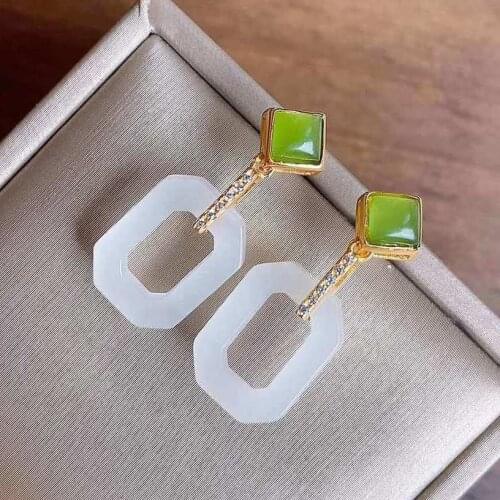 S925 Sterling Silver Square Stud Earrings Palace Natural Hetian Jade Green Jade Square Stud Earrings Elegant with Beautiful Clas