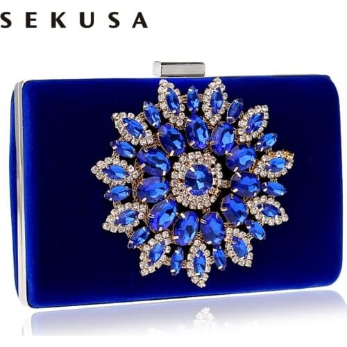 SEKUSA Flower Rhinestones Women Handbags Red Black Purple Gold Chain Shoulder Bags Metal Day Clutches Purse Wedding Wallets