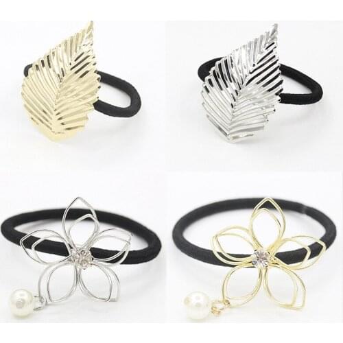 Thin Metallic Leaf & Hollower Flower Crystal Simulated Pearl Pendant Elastic Hair Bands Fashion Hair Jewelry for Women