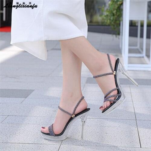 Crossdresser Summer Crystal Slippers 12cm Thin Heels Sandals Gold Silver Shoes Woman Sandalias Catwalk Shows Narrow Band Pumps