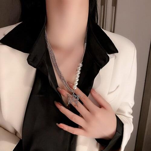 Korean Fashion Long Pearl Butterfly Necklaces Female Temperament Hip-hop Style Necklace Versatile Trendy Party Jewelry Ornaments