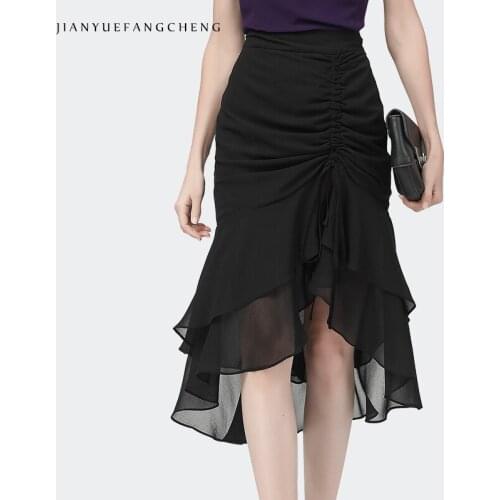 Mid-Length Summer Office Ladies Chiffon Mermaid Skirt Drawstring Lace-Up Shirring Elegant Irregular Ruffles Drape Wrapped Skirts