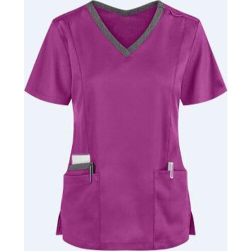 Women Nursing Scrubs Blouse Casual Short Sleeve Scrubs Working Uniforms Nurse Solid Color Top Tshirt V-neck Pocket Women Clothes
