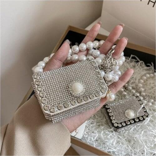 Ladies Fashion Pearl Chain Rhinestone Mini Waist Chain Dating Party Dinner Party Adjustable Makeup Mobile Phone Coin Waist Bag