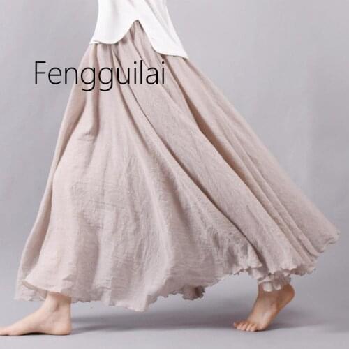 2020 Women Linen Cotton Long Skirts Elastic Waist Pleated Maxi Skirts Beach Boho Vintage Summer Skirts Faldas Saia