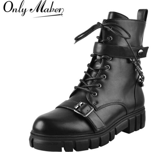 Onlymaker Womens Lace-up Ankle Boots Round Toe Matte Black Metal Chain Buckles Flat Booties Zipper Concise Comfortable Big Size