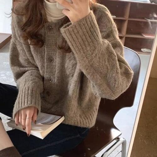 Women Sweaters Korean Fashion Casual Autumn Winter Thick O Neck Long Sleeve Cardigan Solid Knitted Tops Loose Outerwear Femme