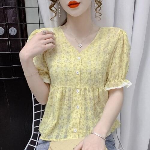 Womens 2021 Puff Sleeve Ruffles Loose Cute and Age-reducing Floral Wild Chiffon Short Western Style