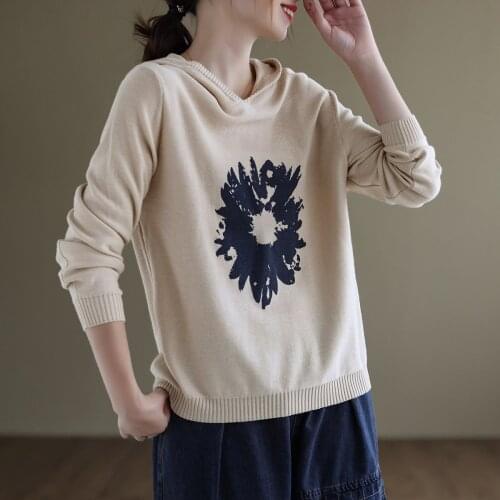 Johnature Women Hooded Sweater Cotton Knitting Printing Long Sleeve Loose Clothing 2021 Autumn New Comfortable Soft Sweater
