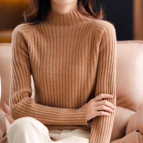 Autumn and winter new Pure Wool Sweater Women half high neck knitted Pullover sweater loose Large size Cashmere sweater Female