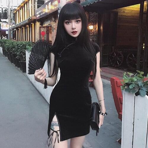 2021 New Autumn Short-sleeved Improved Cheongsam Dress Velvet Bandage Button Dress Drawstring Stand Collar Black Elegant Dress