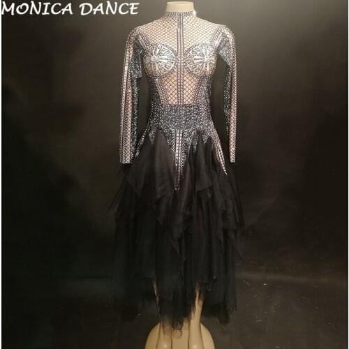 Women Sexy Black Bodysuit With Long Yarn Skirt Sparkling Crystal Nightclub Party Stage Wear Dancer Singer Bling Dance Costumes