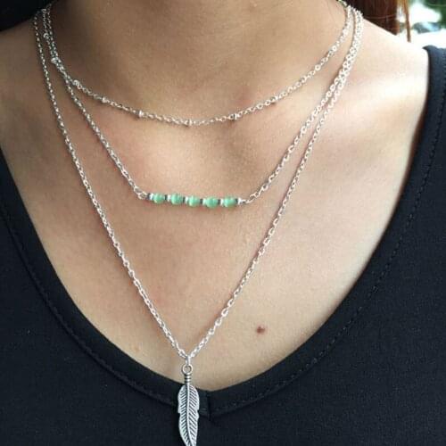 Fashion choker Statement Bohemian pendants Vintage Clavicle multilayer beaded feather fine Necklace Women fine Jewelry