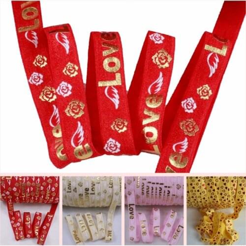 3 Colors 5/8 gold foil LOVE & rose with white wing fold over elastic for Valentine 100yards/lot
