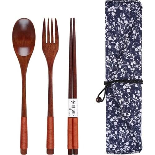 3Pcs/set Portable Wooden Tableware Set with Bag Spoon Chopsticks Fork Dinner Tableware Set Tableware Case Kit for Camping