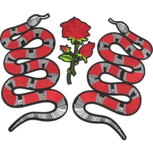 3Pcs Red Rose Flower Snake Animal Embroidered Patch Iron on Sewing Stickers for Jeans Clothes Men Women Applique DIY Accessory