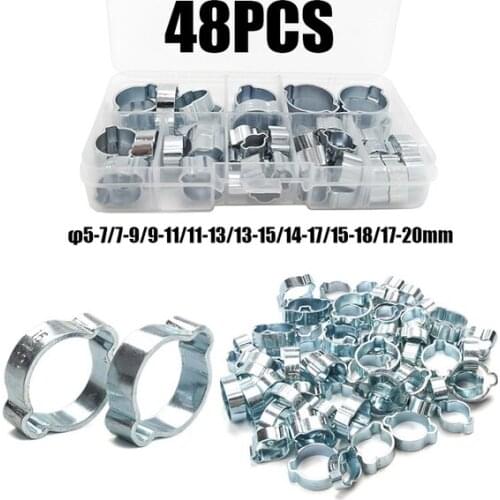 48Pcs Hose Clamp Double Ears Clamp 5-20mm Worm Drive Fuel Water Hose Pipe Clamps Clips Hose Fuel Clamps Assorted Kit