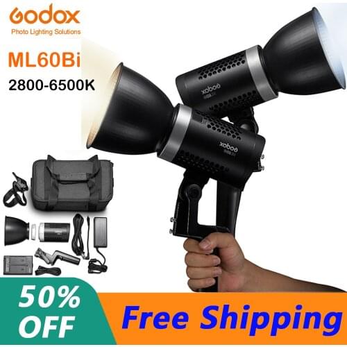 Godox ML60Bi ML60 Bi 60W Bi-Color LED Video Light Silent Mode Portable Brightness Adjustment Support Li-ion Outdoor LED Lighting