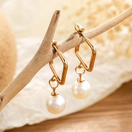 Korea Simple Square Big Pearl Stud Earrings Fashion Punk Style Long Pendant Earrings Female Jewelry Wholesale 2021 New