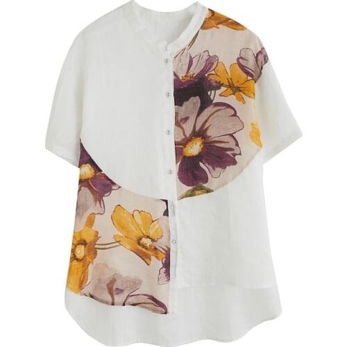 2021 chinese traditional top splicing design oriental floral printing top cotton and linen loose top graceful blouse for ladies