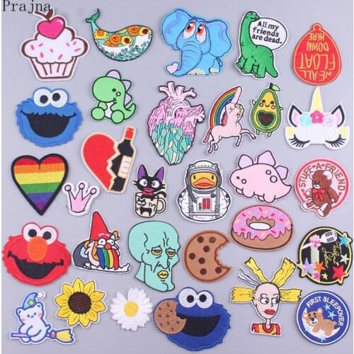 Prajna Cartoon Rainbow Patch Iron On Patches Embroidered Patches For Clothing Stickers Stripes Cute Cat Dinosaur Patch Applique