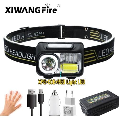 Sensing Head Lamp Induction Head Light USB Rechargeable Headlamp + Built In Battery COB White / Red LED Fishing Flashlight