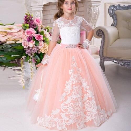 New Tulle Flower Girl Dresses Ball Gown Sheer Half Sleeve Neck Flower Girl Dresses First Communion Dress Pageant Gowns