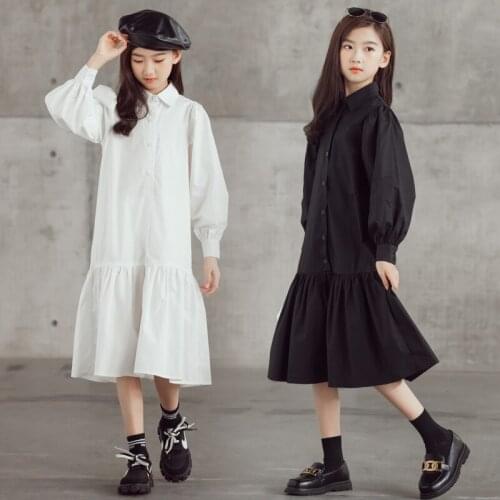 New Teen Kids Autumn Dress 2021 Big Girls Midi Dress Shirt Ruffles Cotton Children Clothes Buttons Casual Mommy and Me,#6451