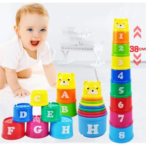 Educational Baby Stack Cup Toys Rainbow Color Figures Folding Tower Funny Puzzle Piles Stacking Cup Letter Water Toy Kids Gifts