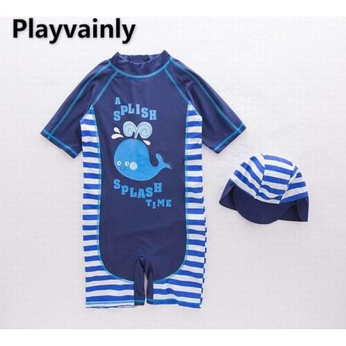 Baby Boys Swimming Wear Cartoon Whale stripe One Piece Swimsuits with Hat Children Fashion Swimwear E71157