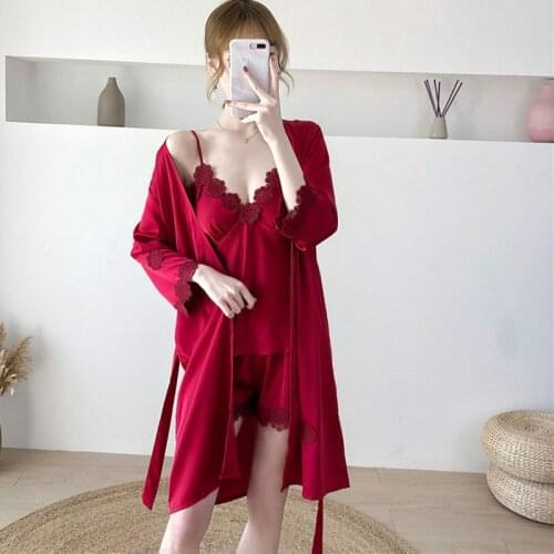 3 Pieces V-neck Silk Pijama Womens Sexy Lace Pajamas Set Summer Spring Ladies Home Clothes Robe+sling+Short Loose Femme Pyjama