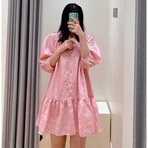 Slim Pink V-Neck Puff Sleeve Women Summer French Dress Women French Sweet Dresses High Version Ladies Elegant Slim Dresses ML196