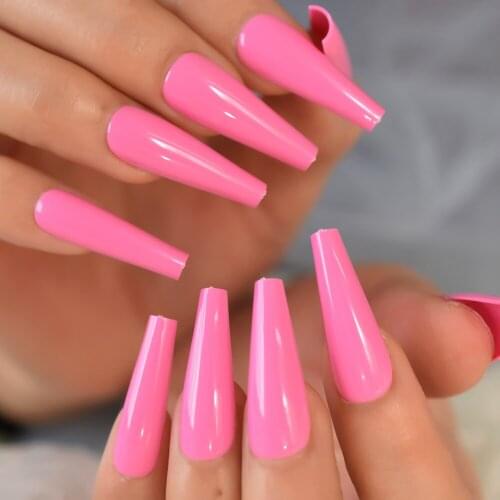 Pink Fake Nails Art Press On Nail Coffin Long False Nail Display Adhesive Tape Nail Tips 24 pcs