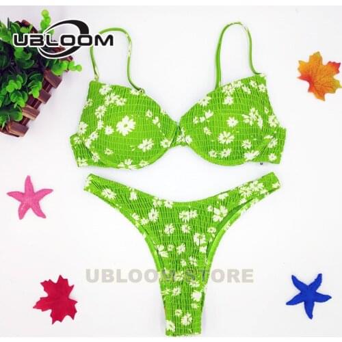 Sexy Underwired Push Up Bikinis Women Floral Print Two pieces Bikini Set High Cut Bathing Suit Ruched Thong Swimsuit Beach Wear