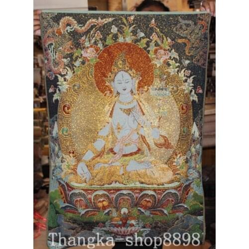 Tibet Buddhism Cloth Silk 7 eyes White Tara Buddha Thangka Thanka Wall hanging