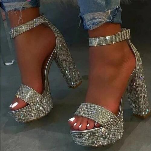 Luxury Bling Bling Crystal Chunky Heels Sandals High Platform Ankle Strap Glittering Dress Shoes Peep Toe Summer Sandals